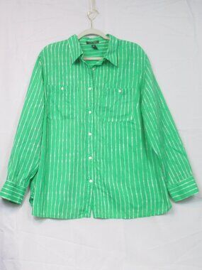 Lauren Ralph Lauren Button Down Women 2X Green Stripe Cotton Roll Tab Shirt